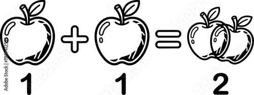 Black and white vector art showing addition of apples creating two apples equation math education concept