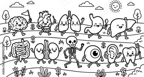 Cute cartoon style smiling human organs including brain heart lungs stomach liver intestines kidneys skeleton eye ear and tooth walking outdoors with sun