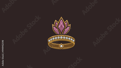 A regal ring features a gold band with diamonds and a stylized gem-like crown on a dark brown background