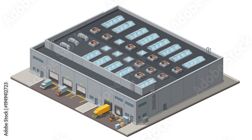 Isometric view of a modern industrial warehouse with loading docks and delivery trucks, representing logistics and distribution