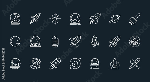 Space exploration icons on dark background
