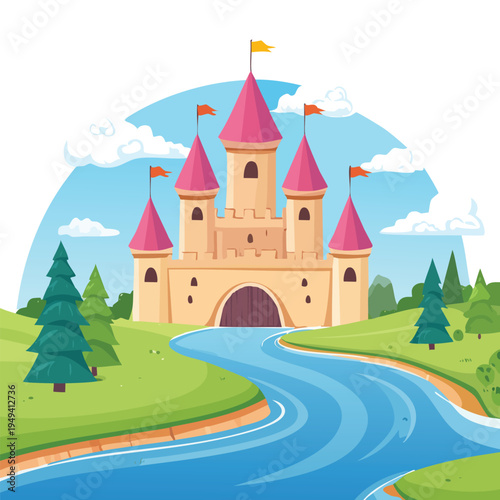 Cartoon castle on a hill with river clouds and sun in vibrant scene