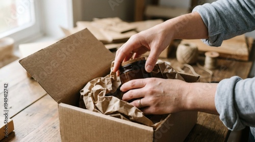 Packing items into a cardboard box with protective cushioning material