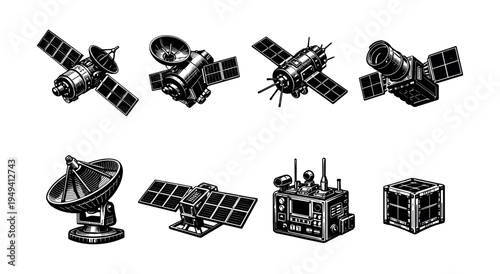 Vector illustration of satellite and space equipment set in black and white