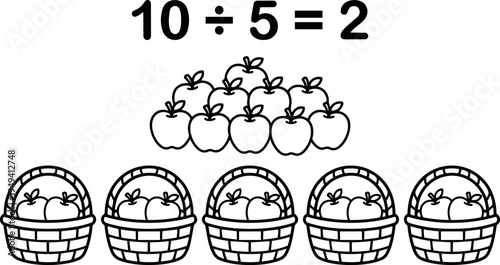 Black and white educational vector illustration showing division math concept with ten apples divided into five baskets simple layout