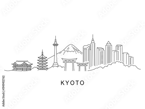 Linear panorama of the city of Kyoto in Japan. Landmarks include an old temple and a modern downtown against a mountain backdrop. Flat vector illustration isolated on white background.
