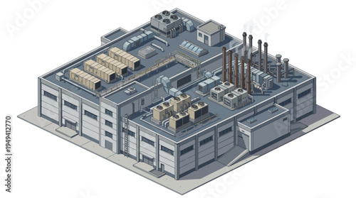Isometric industrial factory building with ventilation systems and smokestacks, representing manufacturing and production processes
