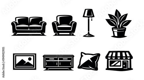 Black and white home interior silhouette icons set including furniture and plant