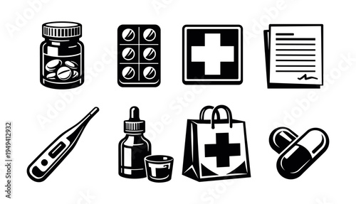 Medical and pharmaceutical vector icons set in black and white style