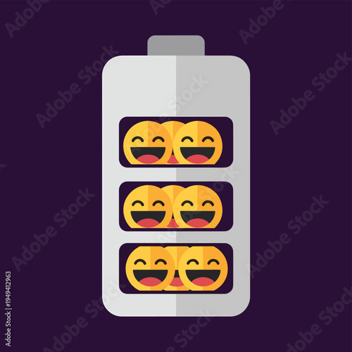 Battery charging symbol filled with laughing face emojis instead of energy bars representing positive energy and happiness levels