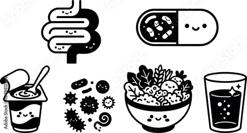 Cute friendly probiotic icon set with smiling yogurt bacteria intestinal health capsule glass and bowl vector illustration