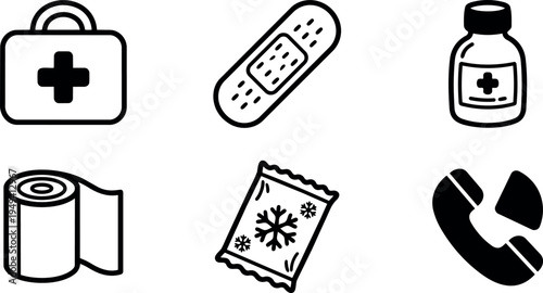 Black and white flat design medical supply icons including first aid kit bandage medicine bottle toilet paper phone call symbol vector set