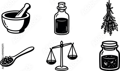 Hand drawn vector icons of mortar pestle bottle with liquid bunch of herbs spoon with herbal powder balance scale and glass jar with plant extract