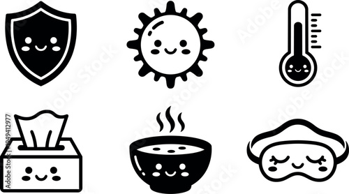 Cute black and white vector icons set with smiling shield sun thermometer tissue soup bowl and sleep mask illustration