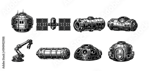 Black and white vector set of space station modules and robotic arm illustration