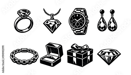 Elegant black and white vector silhouette jewelry set with rings and diamonds