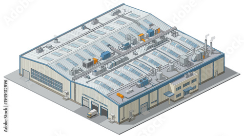 Isometric view of a modern industrial warehouse building with loading docks and ventilation systems