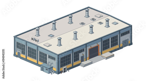 Industrial building illustration, depicting a factory with a large bay door and multiple vents on the roof, rendered in a clean, modern isometric style