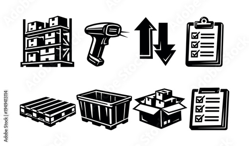 Black and white vector icons of warehouse and inventory equipment
