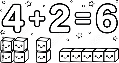 Cute kawaii style black and white math equation four plus two equals six with smiling cubes and stars vector illustration