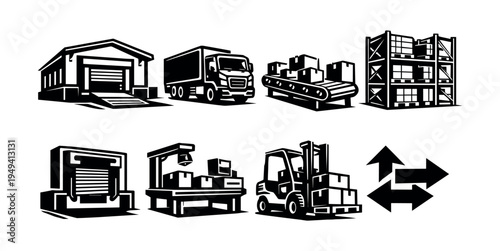 Industrial logistics and supply chain vector silhouettes, black and white transportation and warehouse elements