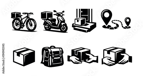 Black and white delivery icons set with bicycle motorcycle boxes and location pins