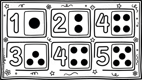 Black and white minimalist hand drawn vector illustration of dice numbers one to five with casual decorative border and dots in simple line art style