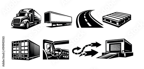Black and white transportation and logistics vector set with trucks and warehouse