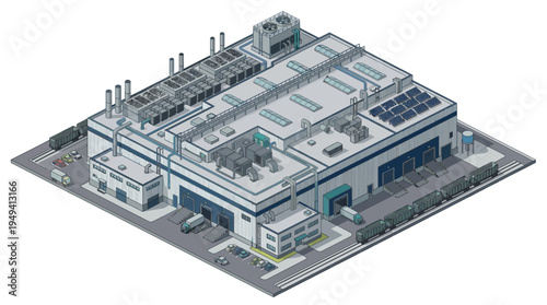 Isometric view of a modern industrial factory building with trucks and cargo trains parked outside, showcasing logistics and manufacturing operations in a detailed 3D rendering