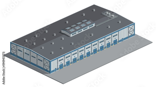 Industrial warehouse with multiple loading docks and large rooftop ventilation system, isometric view