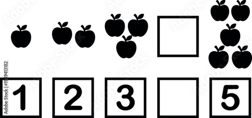 Black silhouette apples counting icons with missing number four and empty square box in minimal education style layout