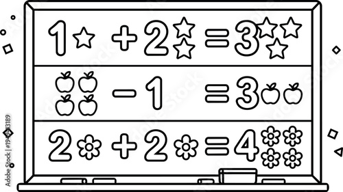 Black and white line art math equations with stars apples and flowers on classroom whiteboard with marker tray