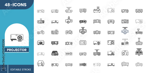Projector Editable Icon Set – Clean Vector Icons for Classroom Presentations, Business Meetings, and Multimedia Displays.