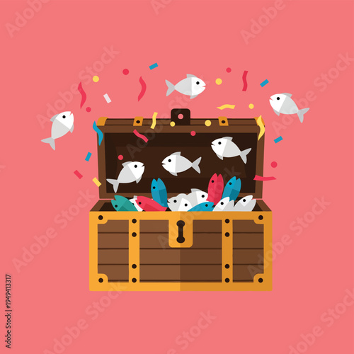 Open treasure chest overflowing with colorful fish and confetti, symbolizing bounty, wealth, abundance and celebration