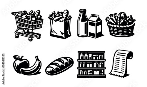 Black and white grocery shopping elements silhouette vector set with food and packaging