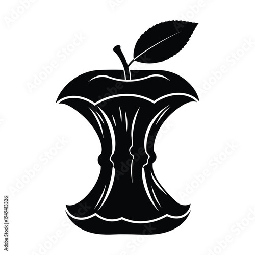 Black and white silhouette of an apple core with a single leaf and stem