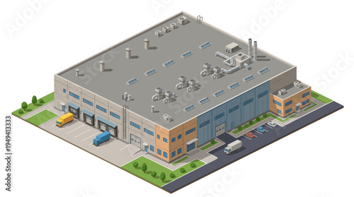 Isometric view of a large industrial warehouse building with loading docks and delivery trucks, illustrating logistics and distribution