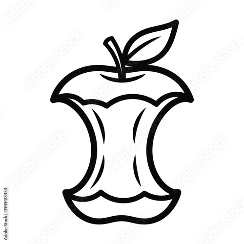 Minimalist Black and White Line Art Icon of an Apple Core with Leaf