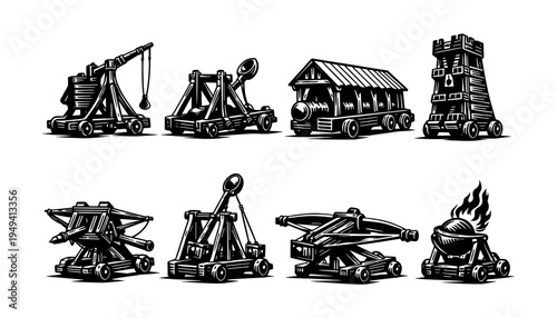 Set of medieval siege weapons in black and white vector illustration