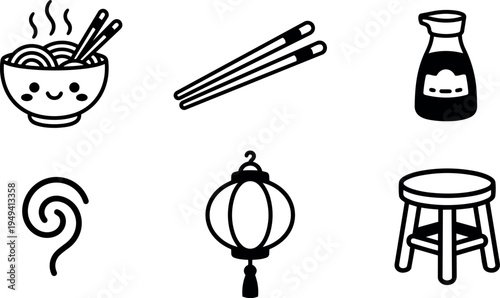 Cute smiling ramen bowl with chopsticks soy sauce bottle spiral dumpling lantern and wooden stool vector icons set
