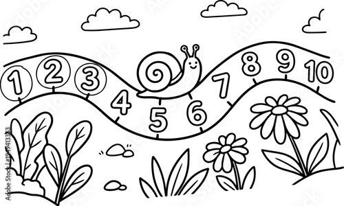 Black and white line art of a smiling snail crawling over ten numbered hill shapes with flowers clouds and leaves in garden scene