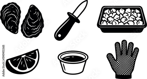 Black silhouette vector icons of oyster shells knife glove lemon wedge sauce container and tray of shucked oysters isolated on white background