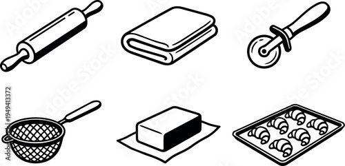 Black and white line art vector kitchen tools rolling pin dough cutter sieve butter croissant baking tray illustration set