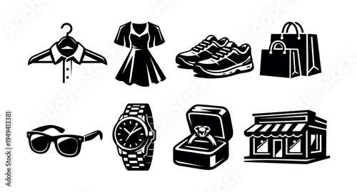 Black and white vector set of fashion and shopping elements with accessories