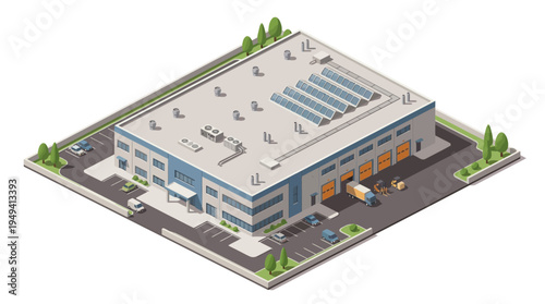 Isometric view of a modern industrial warehouse building with loading docks and a truck, showcasing logistics and distribution operations