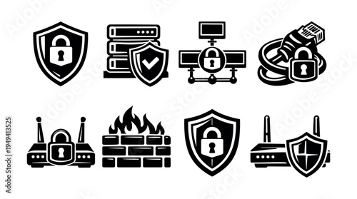 Security and network protection icons set in black and white vector design