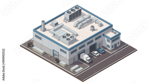 Isometric industrial building with loading dock, trucks, and warehouse equipment