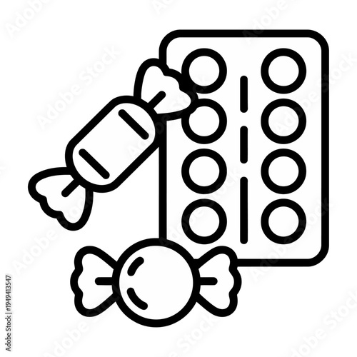 Vector icon showing a pill blister pack with two wrapped candies