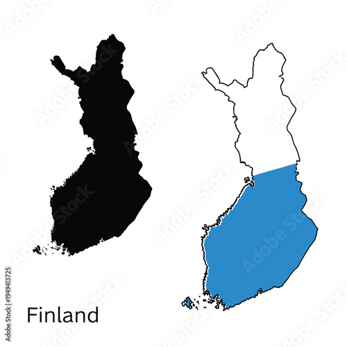 Finland map collection featuring black silhouette and outline with blue southern territory