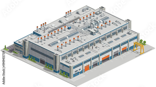 Isometric view of a modern industrial factory building with loading docks and a gantry crane, representing manufacturing and production processes